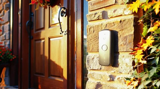 A sleek doorbell is mounted on a stone wall next to a wooden door, illuminated by soft evening light, with vibrant flowers adding color to the entrance.