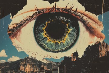 Digital collage features a giant eye with detailed iris hovering above a mountainous landscape with city elements, blending surrealism and nature in striking artwork.