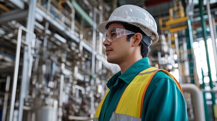 Fototapeta premium Industrial Worker in Hard Hat and Safety Glasses Looking Up