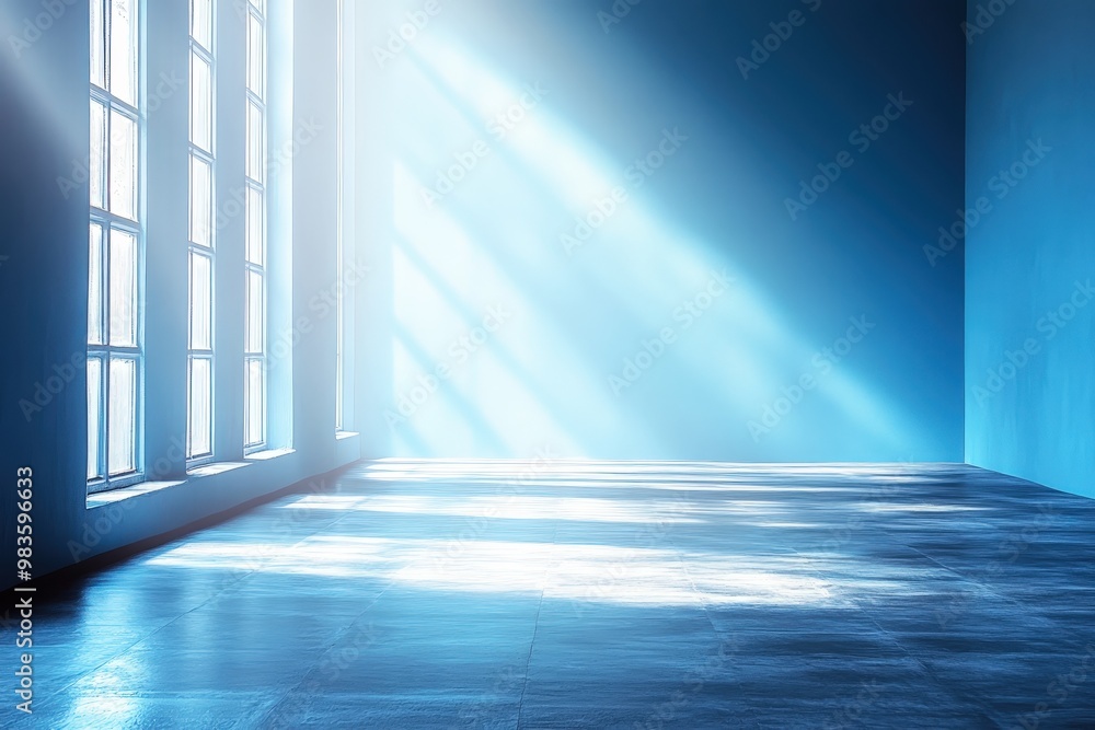 Poster blue room sunlight: a bright, ethereal light streams through a large window, illuminating a minimali