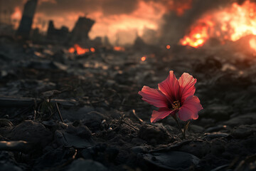 Resilience in the Ashes: A single pink flower blossoms amidst the charred remains of a wildfire, symbolizing hope and renewal in the face of destruction.  