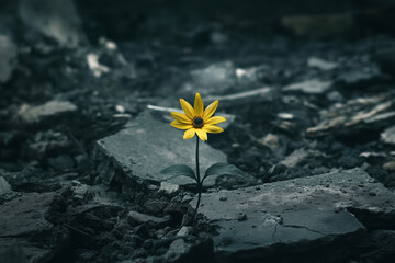 Resilience Amidst Ruin: A solitary yellow flower blooms defiantly from the ashes, a symbol of hope and renewal in the face of devastation. 
