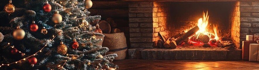 Cozy Christmas scene with a decorated tree, warm fireplace, glowing fire, and festive atmosphere perfect for holiday ambiance.