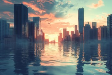 Fototapeta premium Sunken City Reflections: A haunting yet beautiful vista of a flooded metropolis at sunset, mirroring the vibrant sky as skyscrapers pierce the clouds. 