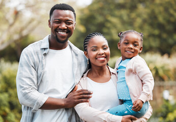 Black family, portrait and outdoor hug with kid, relax and together for love in relationship. People, parents and daughter in embrace for support, backyard bonding and travel to Nigeria for peace