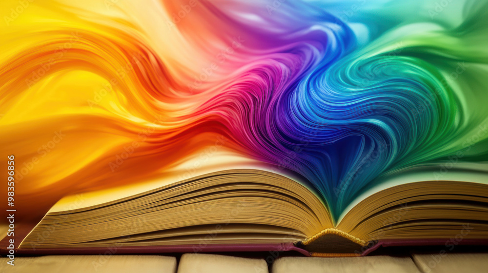 Poster a swirling rainbow vortex emerges from an open book, creating vibrant and colorful display. dynamic 