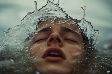 Fototapeta premium Submerged in Serenity: A young woman finds peace amidst the crashing waves, her face framed by a crown of shimmering water droplets.