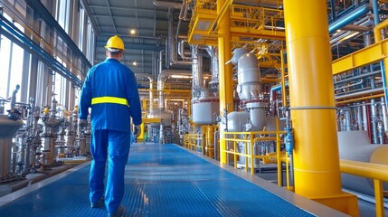 Industrial Worker in a Factory Setting  Wearing Safety Gear   Walking Through a Large Industrial Plant with Piping and Equipment