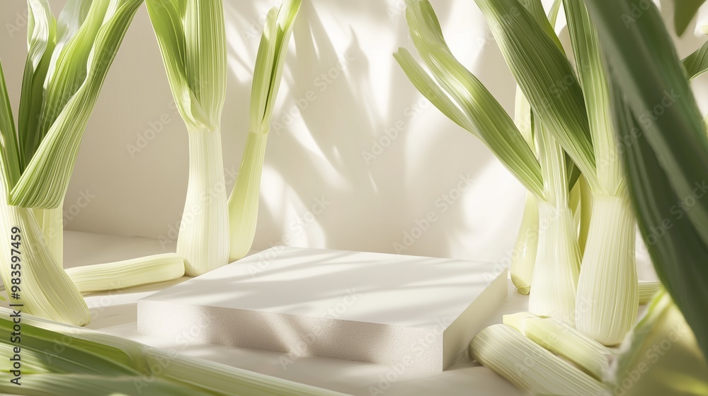Poster minimalist display featuring fresh green plants, creating a serene atmosphere with play of light and