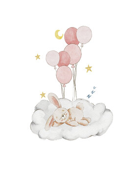 Cute bunny sleeping, front view of watercolor painting, clipart object, nursery baby room element of decoration
