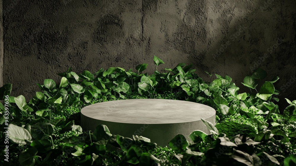 Poster a minimalist display pedestal surrounded by lush greenery, creating a serene and artistic atmosphere