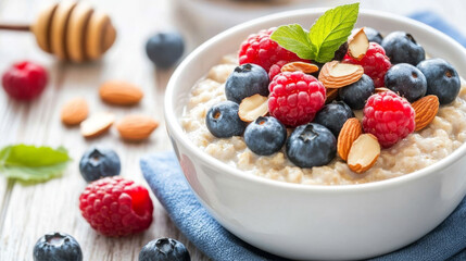A delicious bowl of oatmeal topped with fresh blueberries, raspberries, and almonds, garnished with mint leaves, evokes sense of healthy indulgence and vibrant flavors