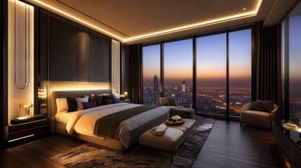 A modern, luxurious bedroom featuring an elegant king-sized bed, plush seating, and a stunning cityscape view at sunset from a high-rise window, exuding peace and sophistication.