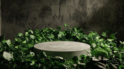 A minimalist display pedestal surrounded by lush greenery, creating a serene and artistic atmosphere for product presentation.
