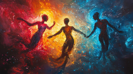 Naklejka premium vibrant artwork features abstract human figures made of swirling glowing colors, representing connection and energy. dynamic hues evoke sense of movement and emotion