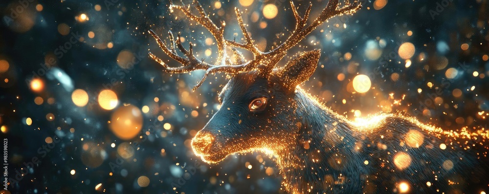 Poster a mesmerizing image of a glowing deer illuminated by sparkling lights, creating a magical and ethere