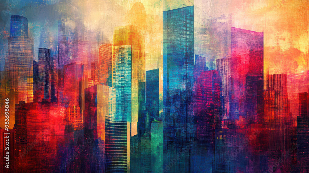 Poster vibrant cityscape with abstract skyscrapers in shifting colors, creating dynamic and energetic atmos