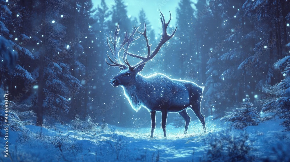 Poster a mystical deer illuminated in a snowy forest, surrounded by falling snowflakes, creating an enchant