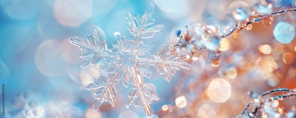 Poster a close-up view of a delicate snowflake with a vibrant blue background and shimmering bokeh effects,