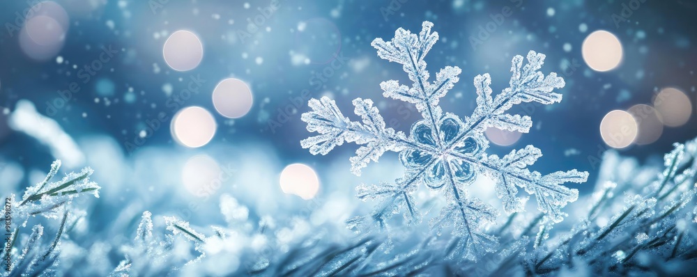 Poster a stunning close-up of a snowflake, capturing its intricate details against a beautiful winter backd