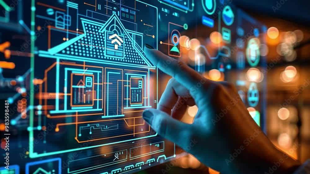 Poster A hand reaches out to interact with a glowing digital blueprint of a house design, highlighting an innovative approach to modern architecture and technology.