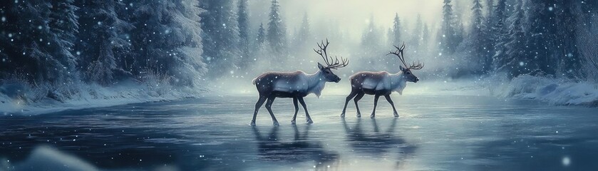 Two majestic reindeer walk across a frozen landscape, surrounded by snow-covered trees and a serene winter ambiance.