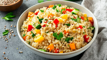 A vibrant bowl of quinoa salad featuring mixed vegetables like bell peppers, cucumbers, and fresh herbs, perfect for healthy meal. This colorful dish is both nutritious and visually appealing