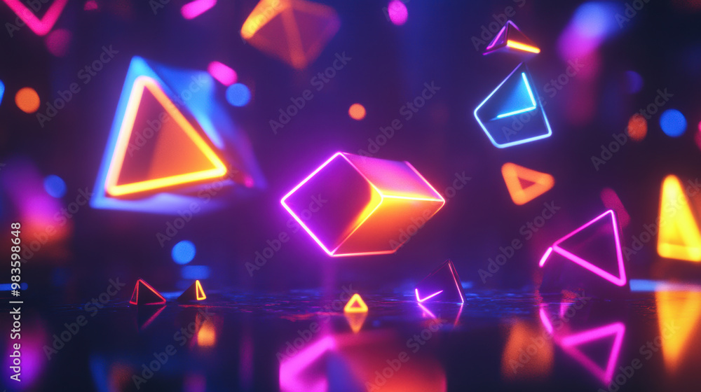 Poster bright neon colored geometric shapes floating in vibrant space create mesmerizing visual experience.