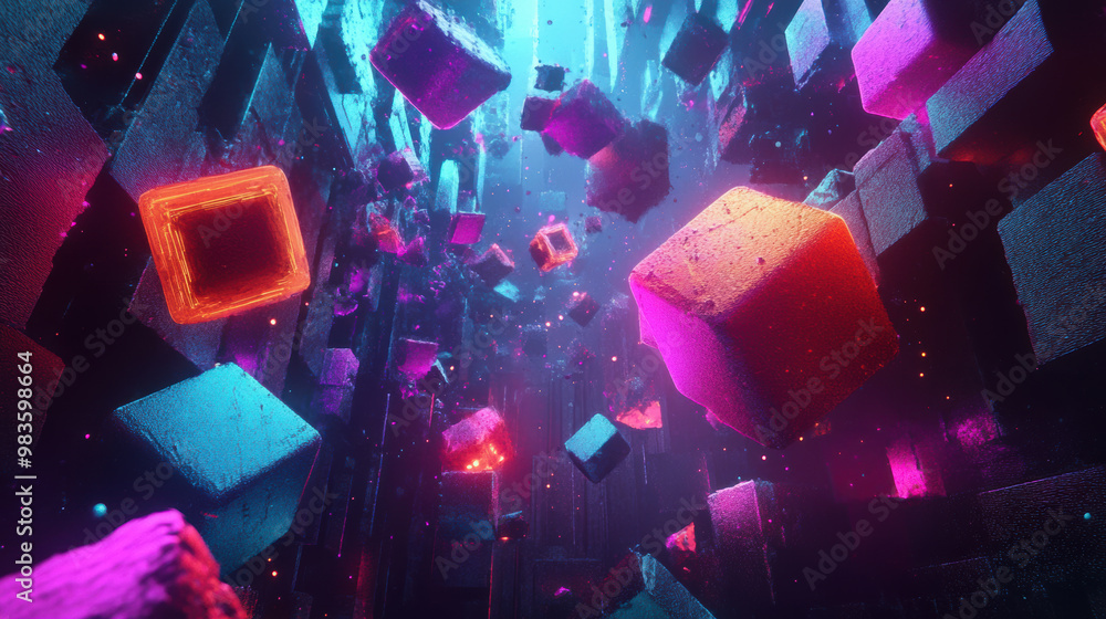 Poster bright neon colored geometric shapes floating in vibrant digital space create mesmerizing visual exp