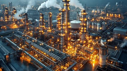 Industrial complex emitting steam and glowing lights at dusk in an urban area - Powered by Adobe