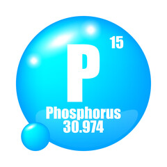 Phosphorus icon. P chemical element. Atomic number 15. Mass 30.974. Blue sphere image. Vector symbol.
