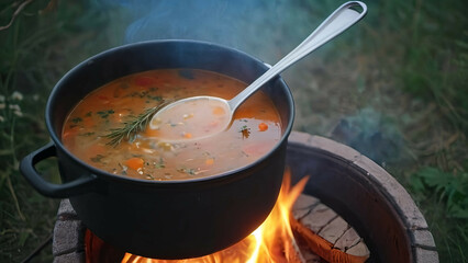 Soup cooked on bonfire.