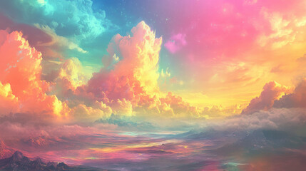 A breathtaking landscape featuring brightly colored clouds floating over dreamlike horizon, creating serene and magical atmosphere. vibrant hues evoke sense of wonder and tranquility