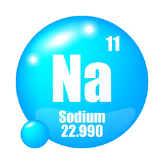 Sodium element icon. Atomic number 11. Atomic mass 22.990. Blue circular symbol.