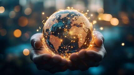 Fototapeta premium Global Network Connection in Hands Earth Globe with Light