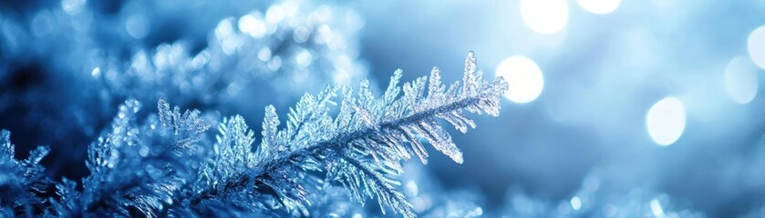 A close-up of a frosted pine needle, glistening in soft blue light, perfect for winter themes and nature-inspired projects.