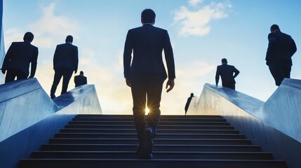 Fototapeta na wymiar Businessmen Climbing Stairs Towards Success and Future