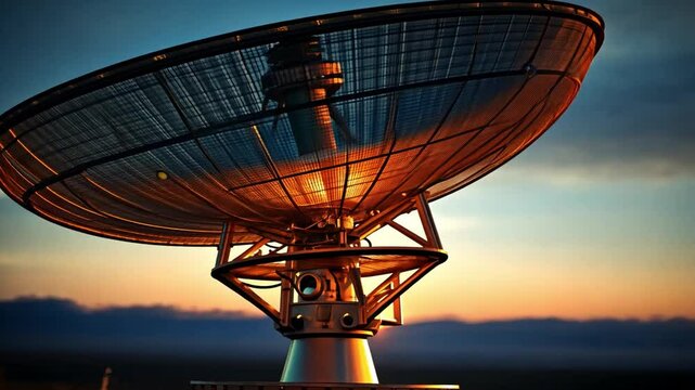 Golden light reflects off the satellite dish as it captures signals during sunset, set against a mountain backdrop in a remote area.