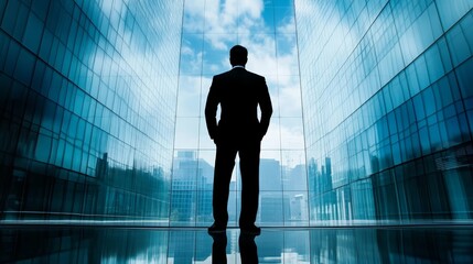 Obraz premium Businessman Silhouette Looking Out Window of Modern Skyscraper