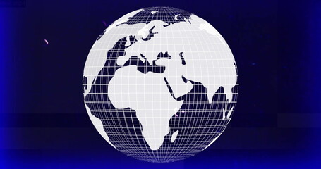 Naklejka premium Rotating globe with grid lines image over dark blue background