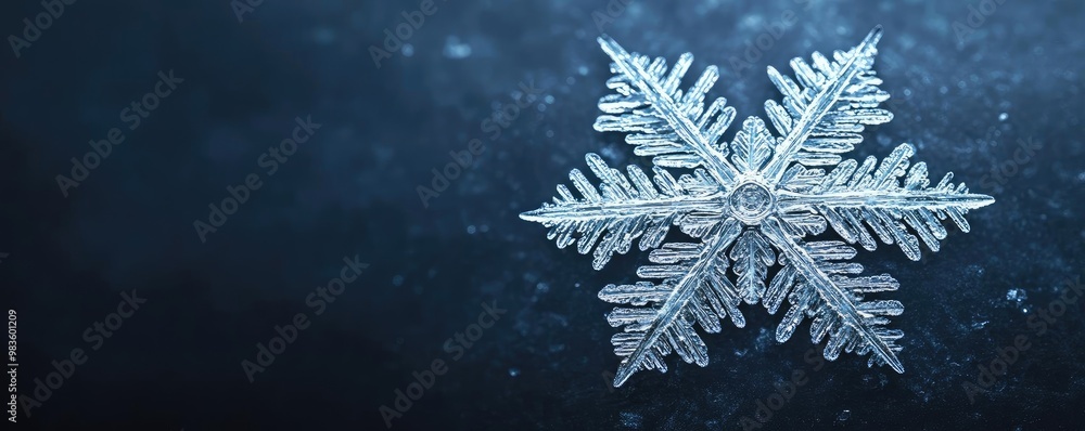 Poster a stunning close-up of a delicate snowflake against a dark background, showcasing intricate patterns