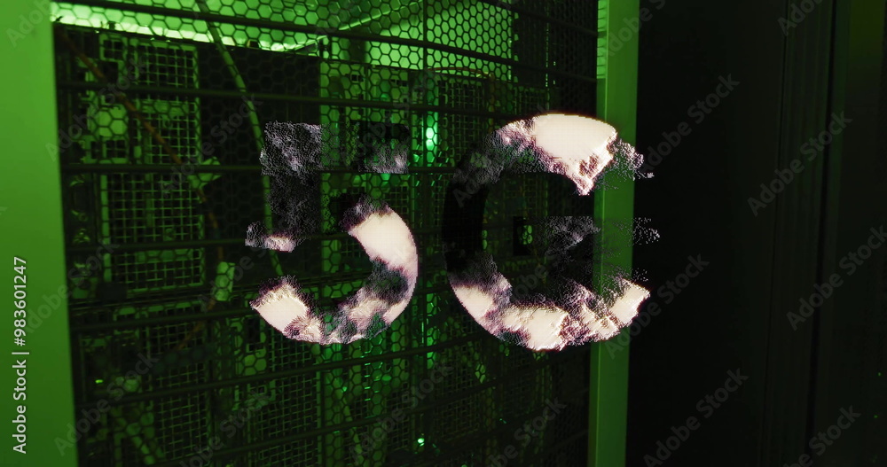 Poster 5g text image over server racks in data center