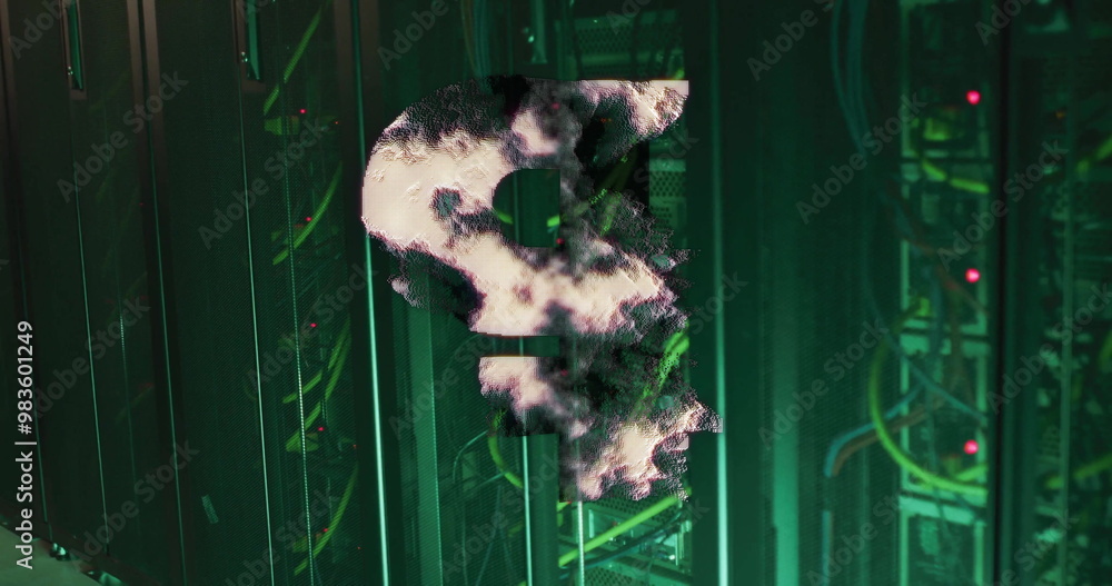 Poster digital cloud image over green server racks in data center