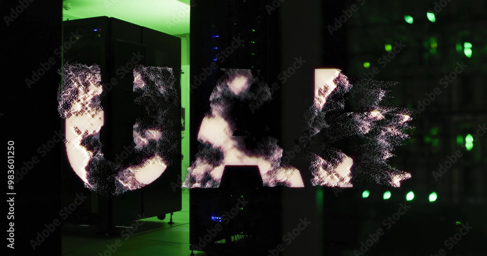 Poster cloud computing image over server room with green lights