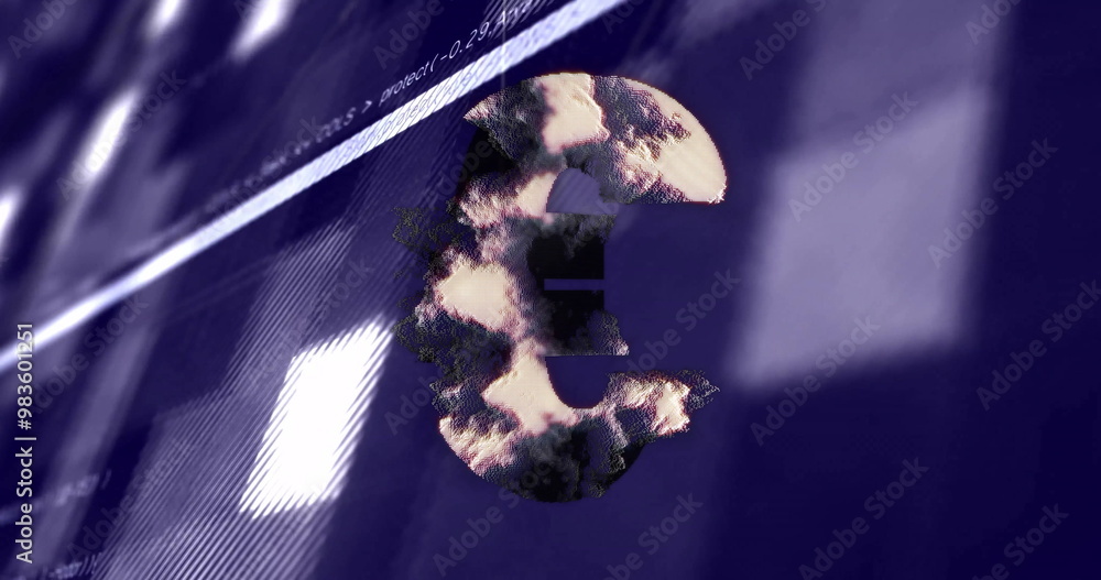 Poster euro symbol with glitch effect image over computer code background