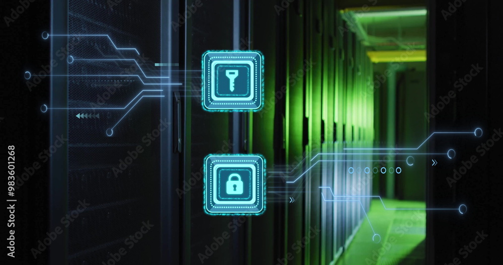 Poster digital security icons image over data center servers with green lighting