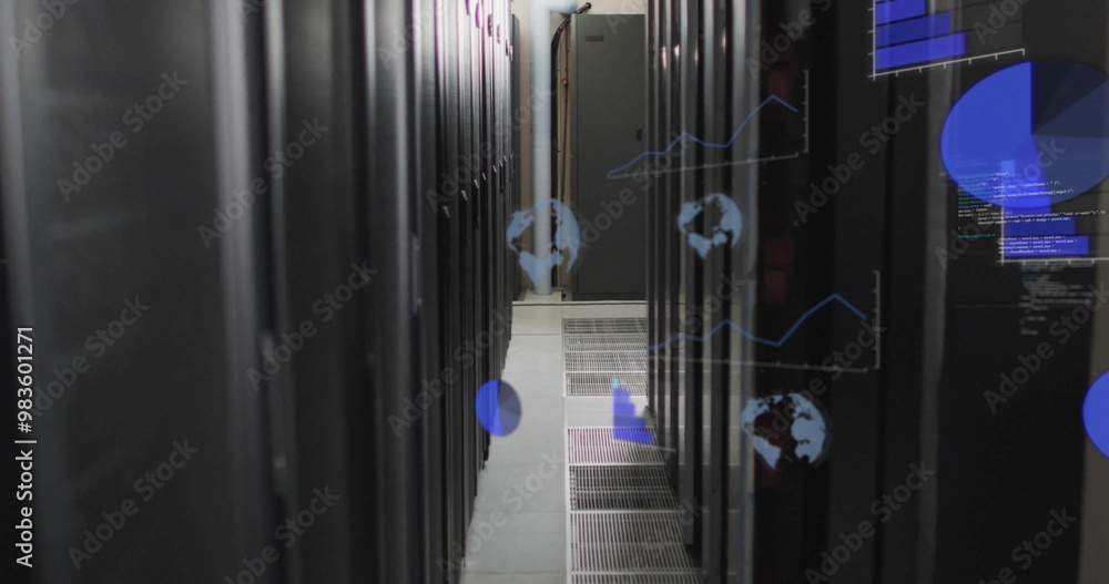 Poster global data processing image over server racks in data center