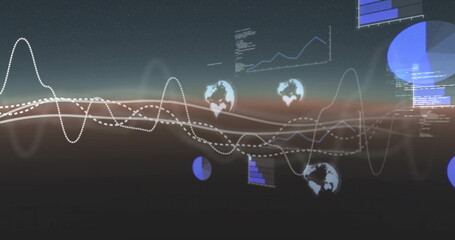 Image of data processing with globes and lines on black background