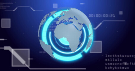 Image of globe over data processing on blue background