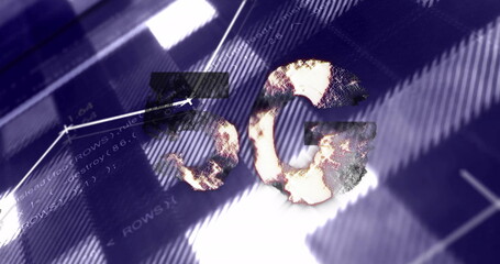 Programming code and 5g text image over abstract background with glitch effect